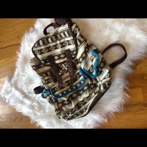 Aztec print canvas backpack w faux leather straps